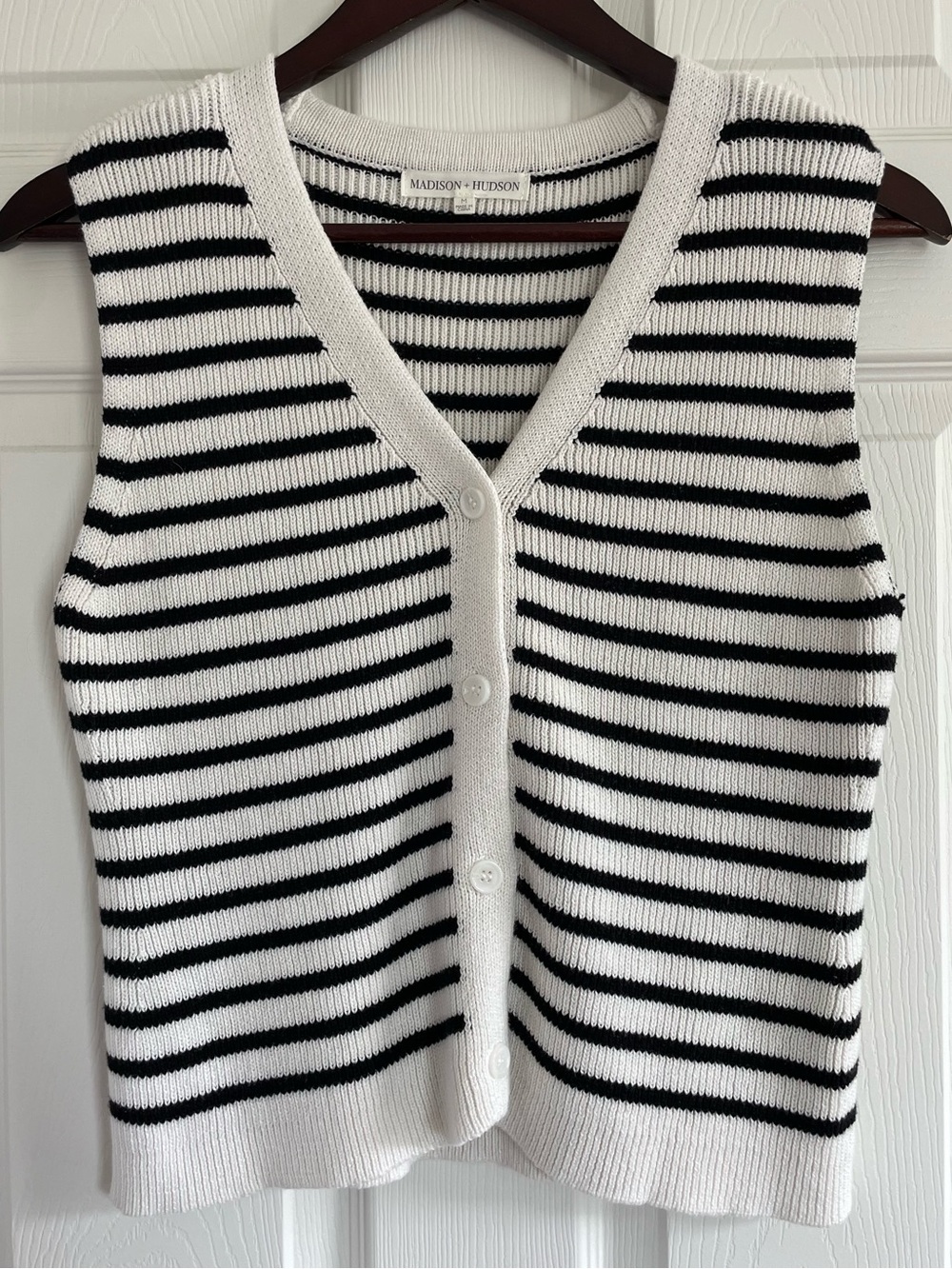 Madison + Hudson Black White Striped Sweater Vest Button Front Size M